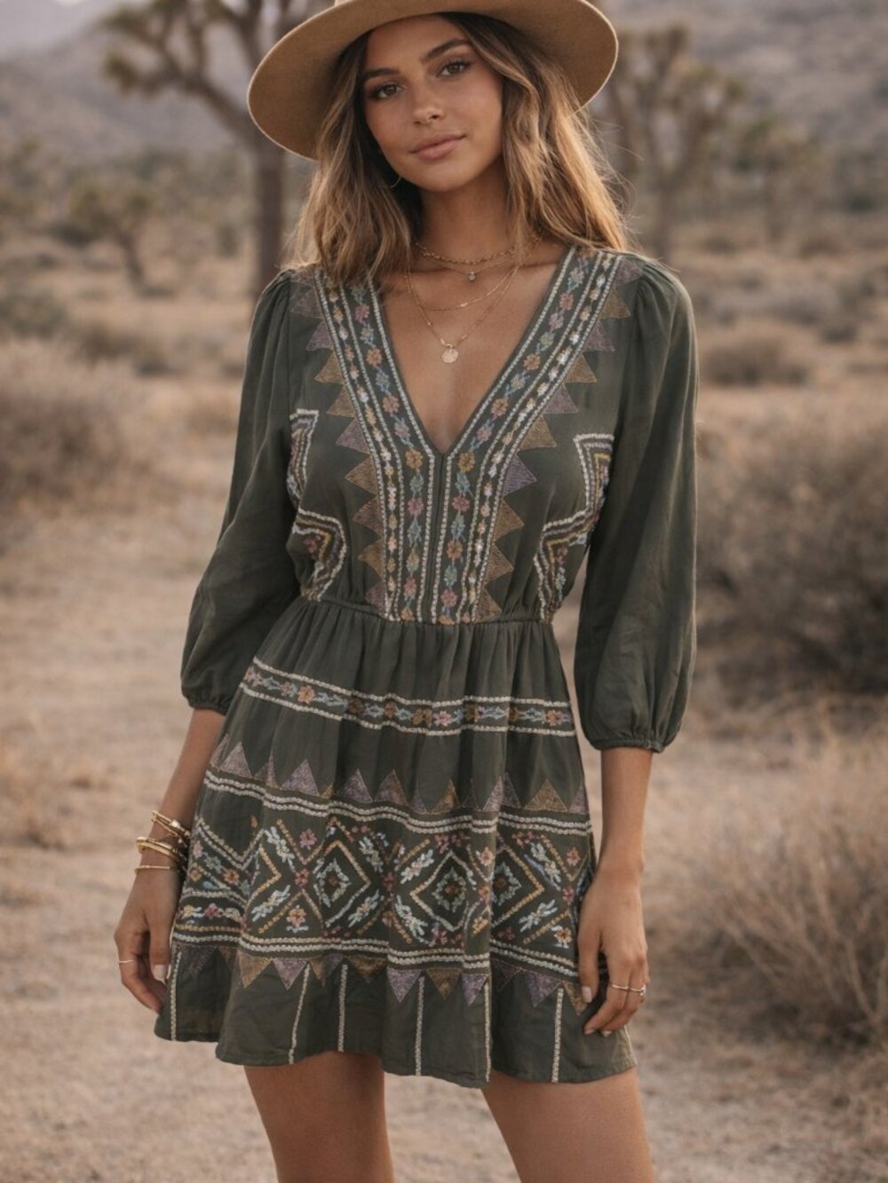 Savanna Jane Olive Green Embroidered Boho V-Neck Mini Dress